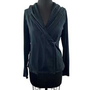 JAMES PERSE Gray Black Pima Cotton Shawl Collar Long Sleeve Hooded Wrap Top 2